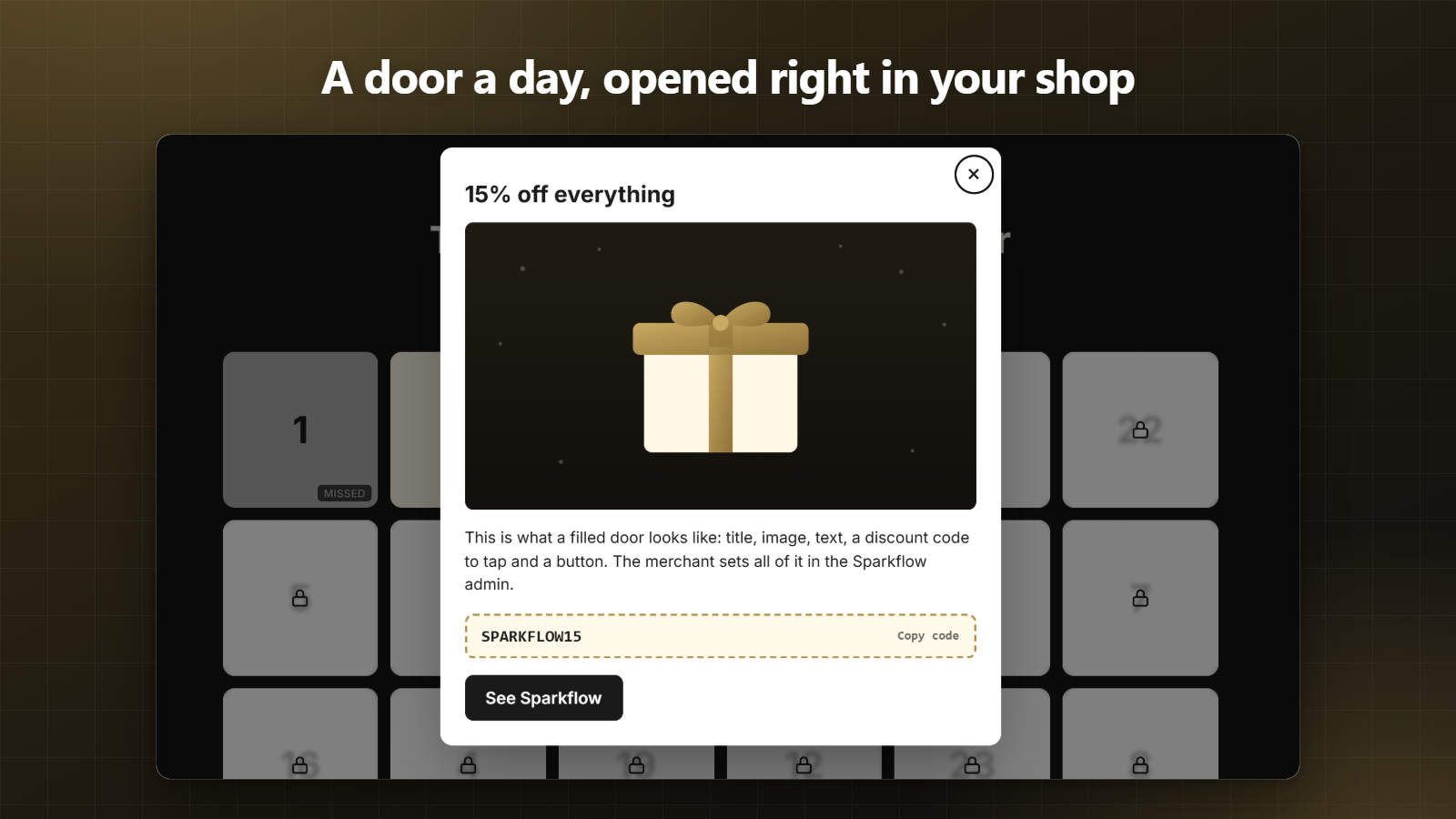 Sparkflow: geöffnetes Adventskalender-Türchen im Shop mit Rabattcode